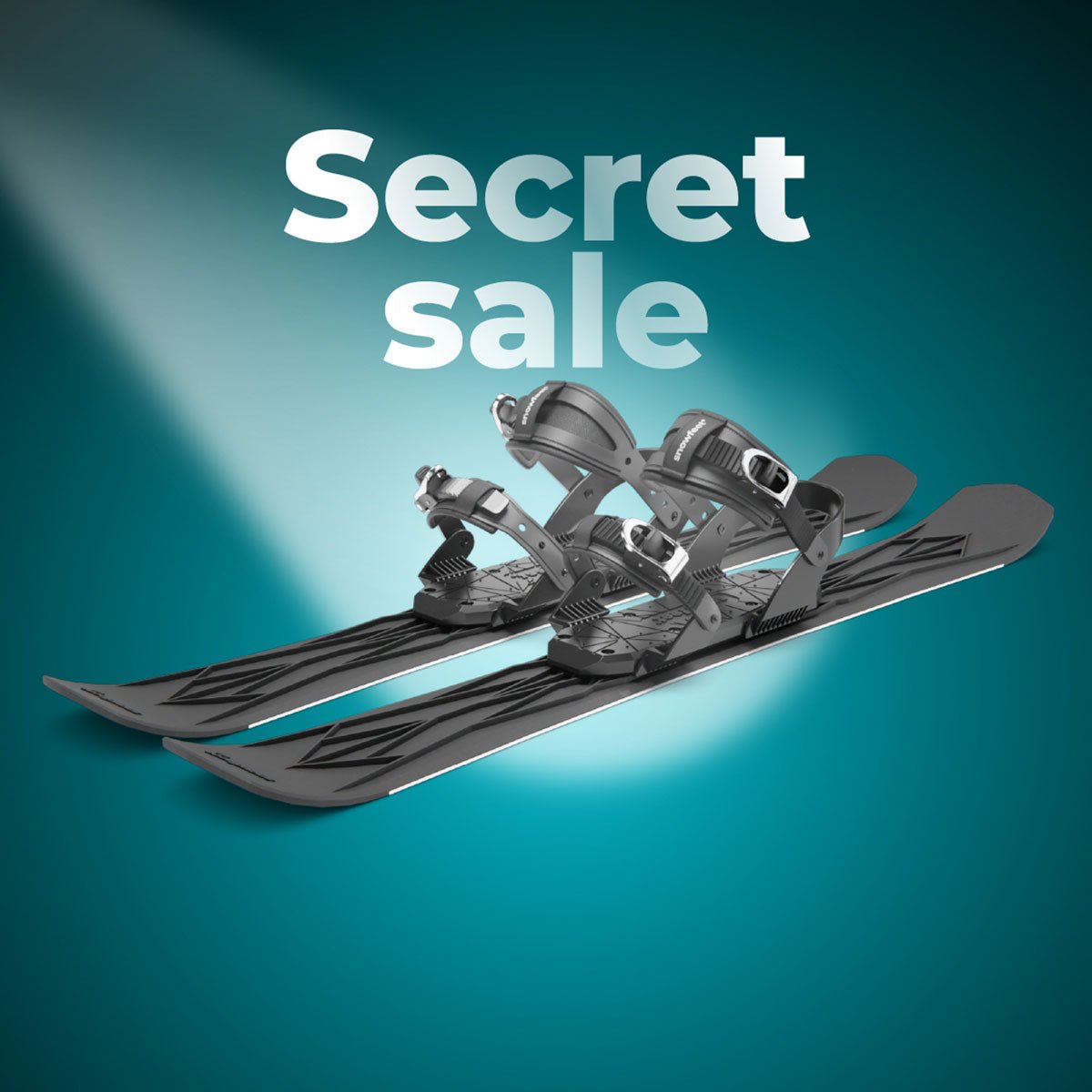 Pair of skis with bindings on a teal background with 'Secret sale' text.