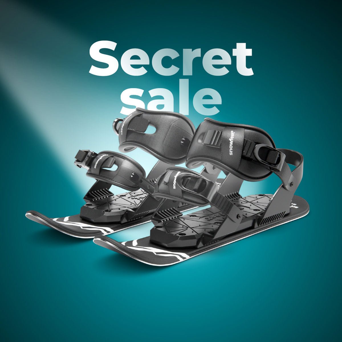 Black snowboard bindings on a blue background with 'Secret sale' text.