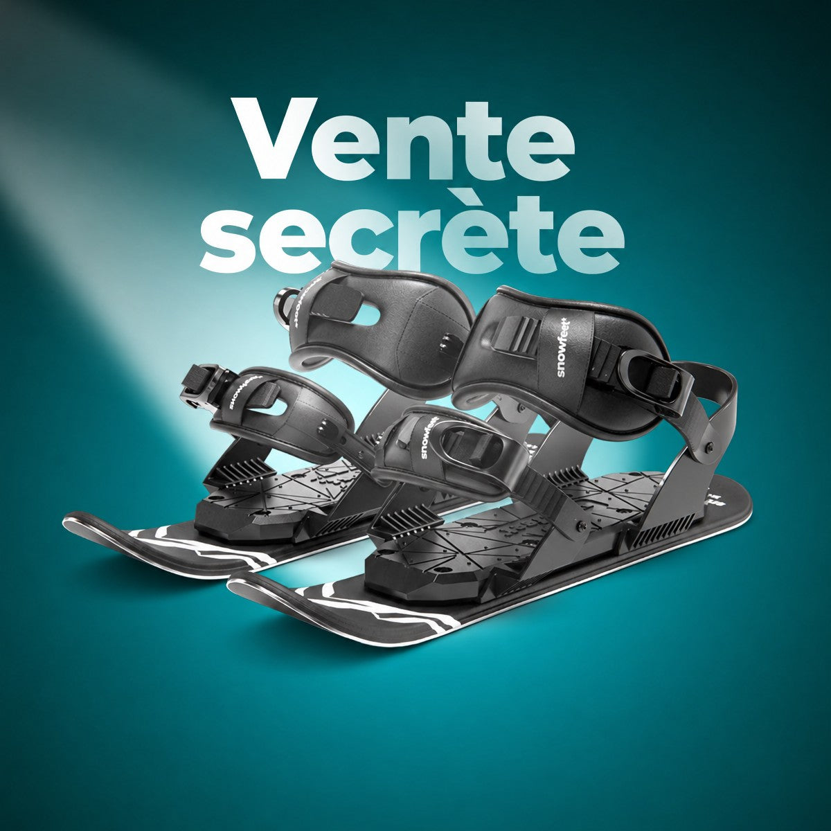 Black snowboard bindings on a blue background with 'Secret sale' text.