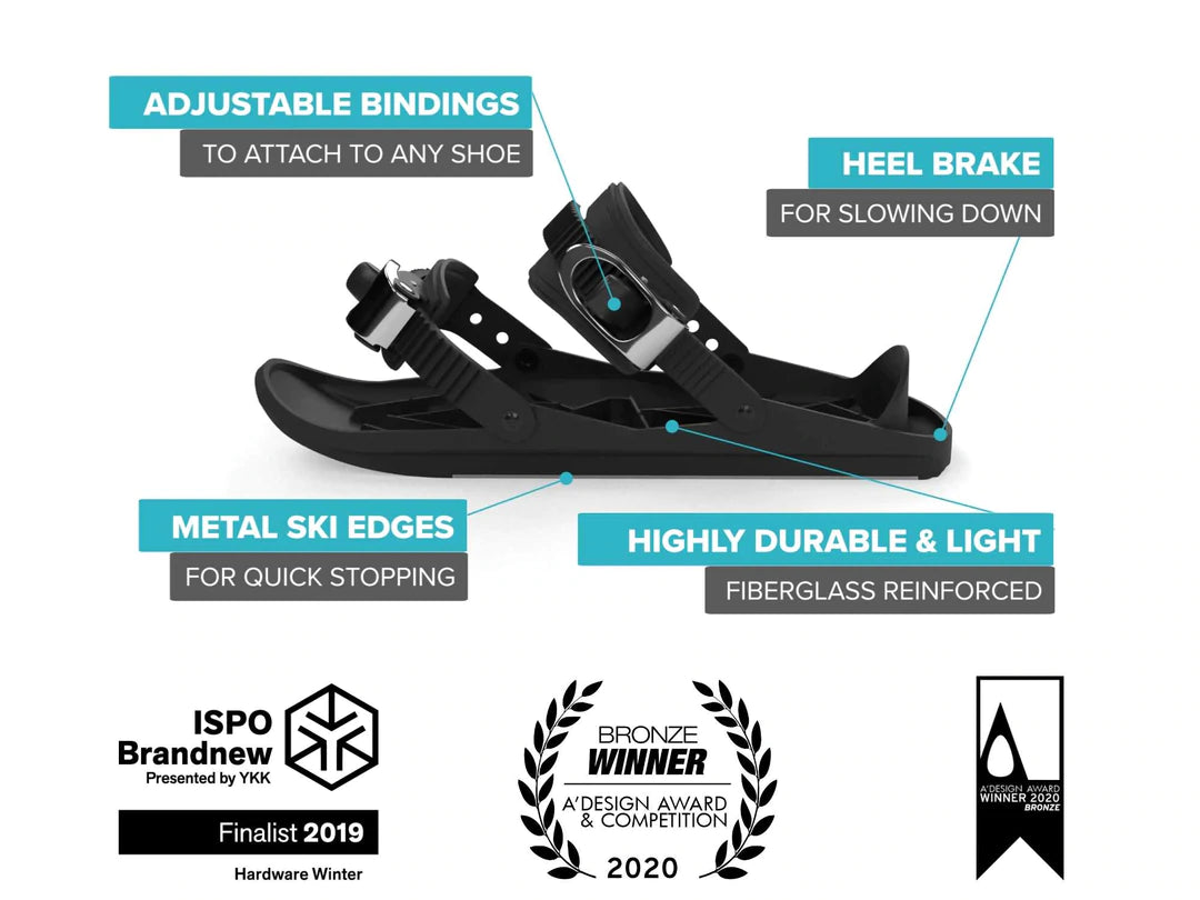 Snowfeet mini skis, downhill skiing, combination of skiing and skating. Skiskating, new winter sport, ski-shoe attachments. Patented award-winning design. 