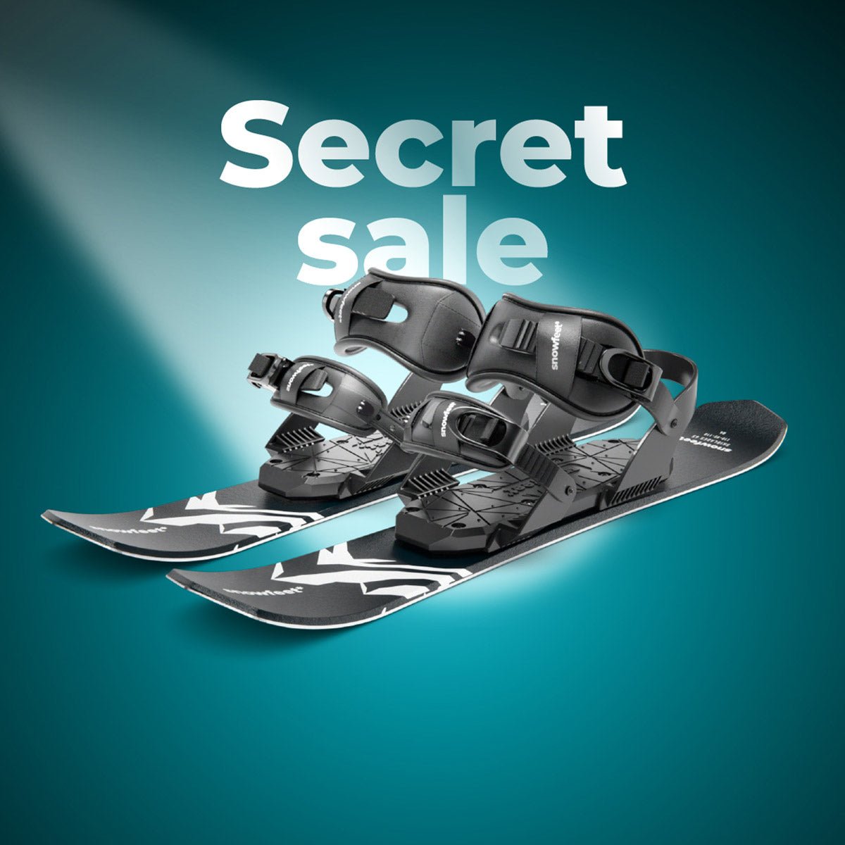 Black snowboard with bindings on a teal background with 'Secret sale' text.