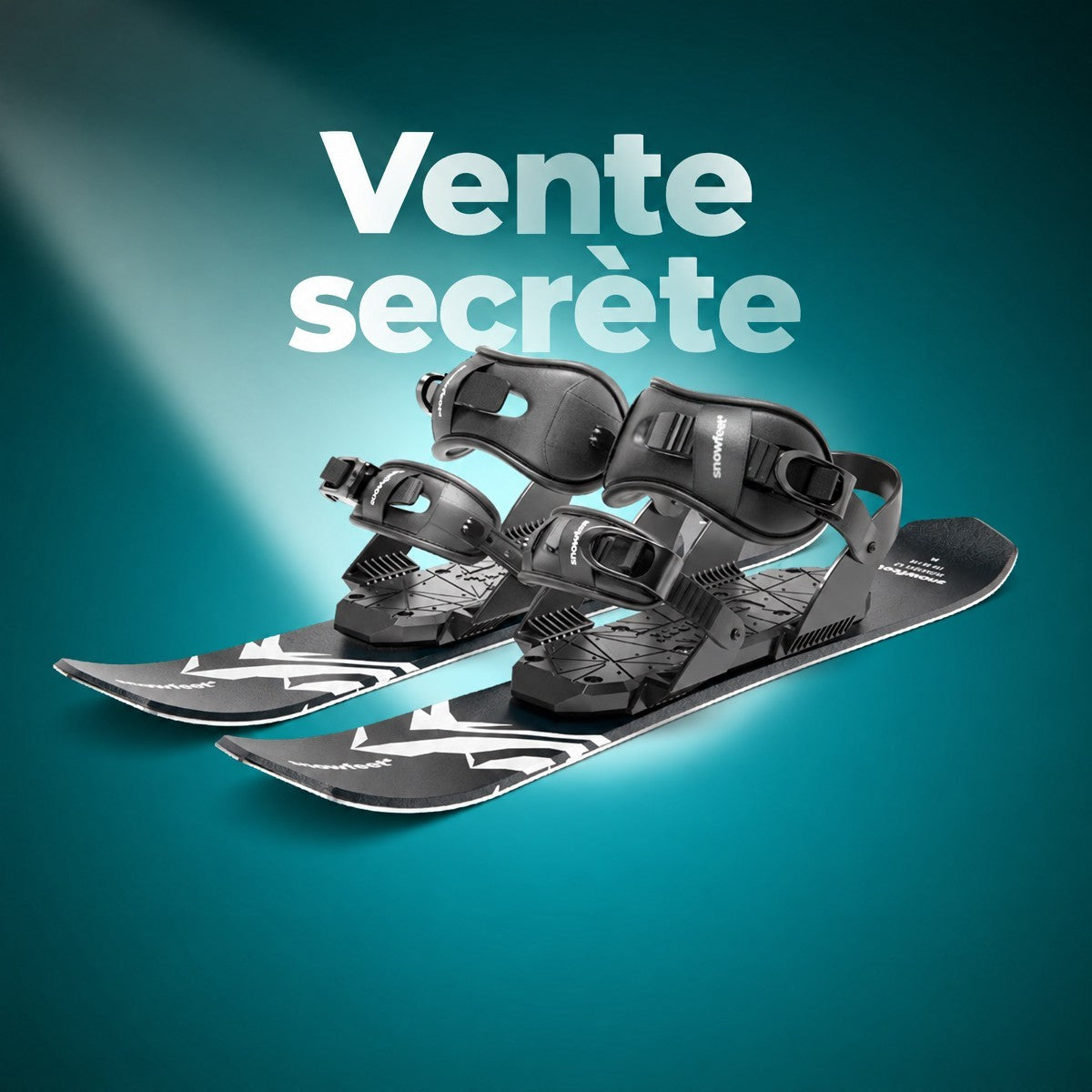 Snowfeet 65 CM noirs avec fixations sur fond bleu canard, texte « Vente secrète »