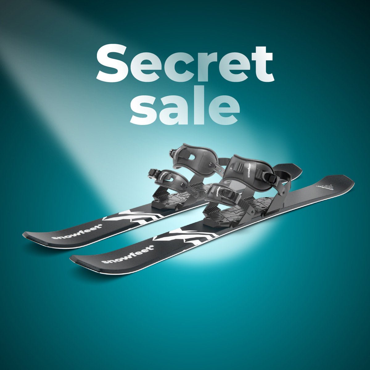 Pair of skis with bindings on a teal background with 'Secret sale' text.