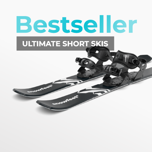Snowfleet Ultimate Short Skis with black bindings, shown on a light gray background with 'Bestseller ULTIMATE SHORT SKIS' text overlay.