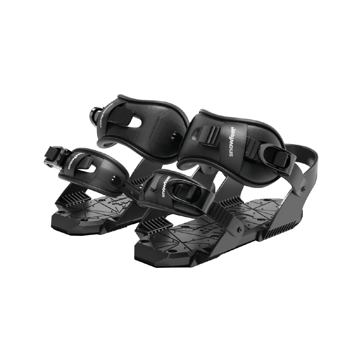 A pair of black snowboard bindings shown on a plain white background, with the brand name snowfeet