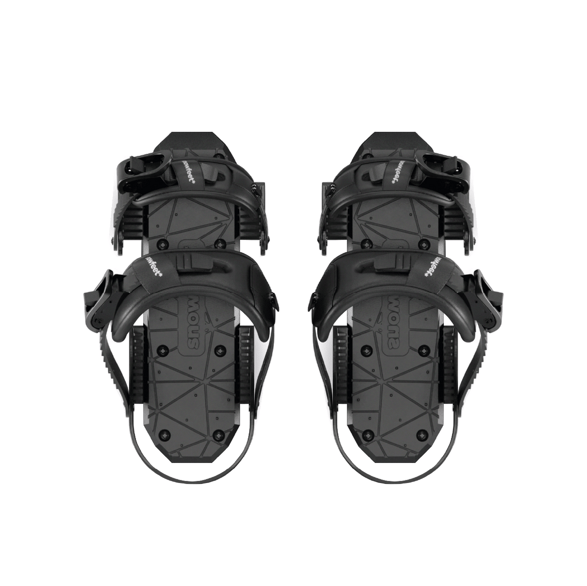 A pair of black snowboard bindings shown from the top on a plain white background.