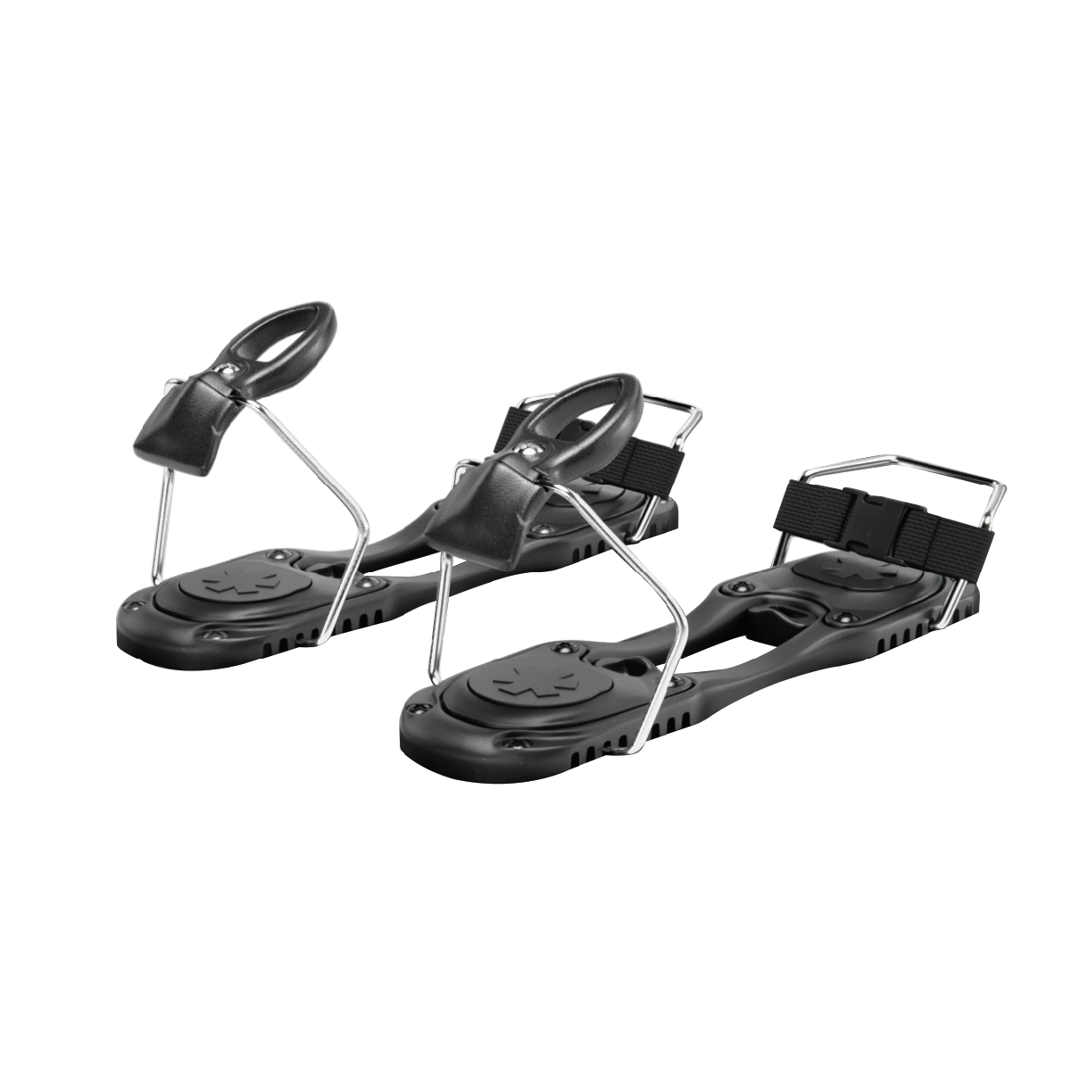 A pair of black simple ski binding with silver metal crampons and black straps, shown on a plain white background.