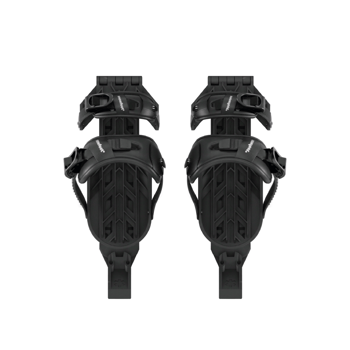 A pair of black walkski bindings shown from the back on a solid white background.