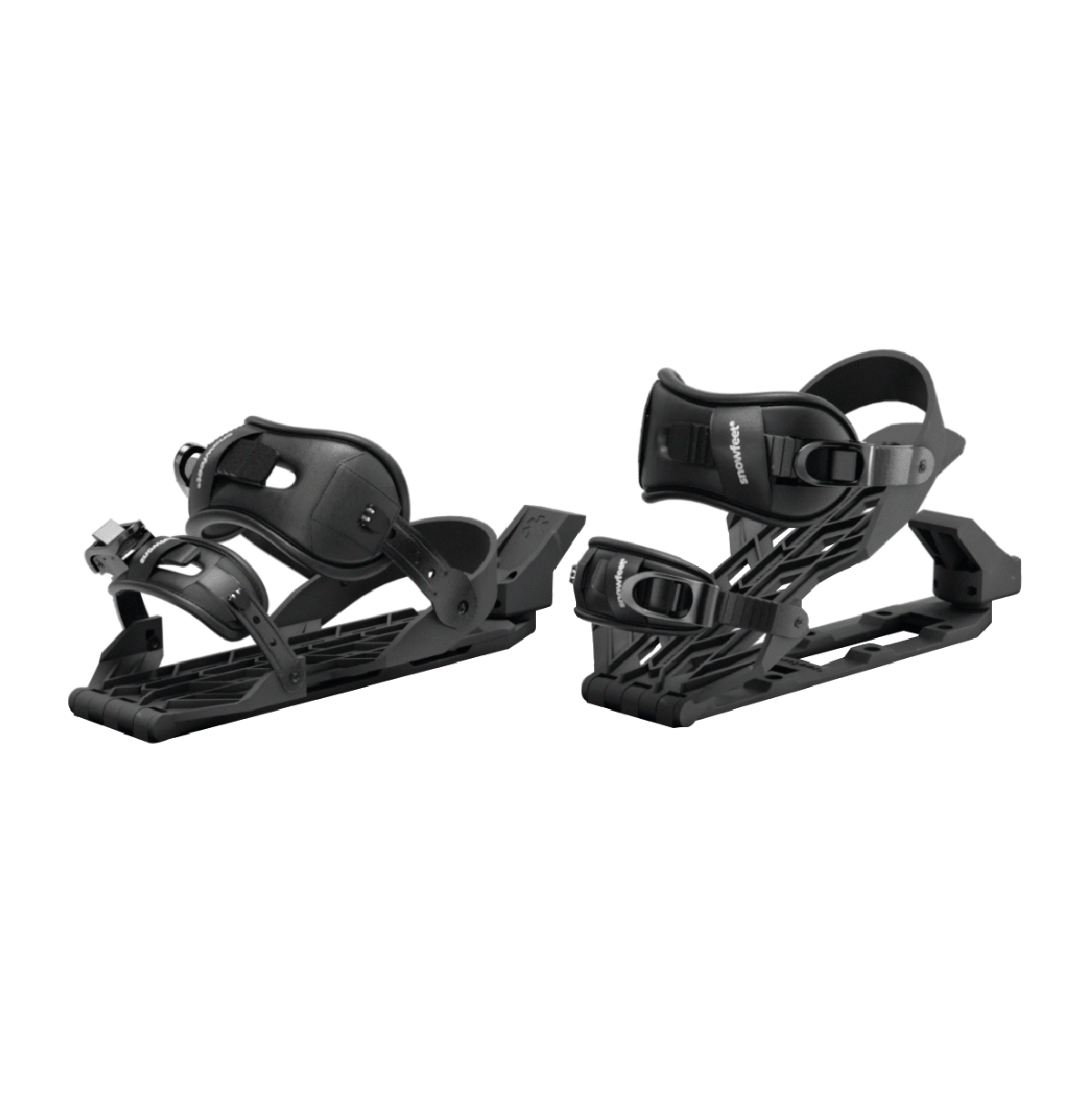 A pair of black walkski bindings shown from the side against a plain white background.