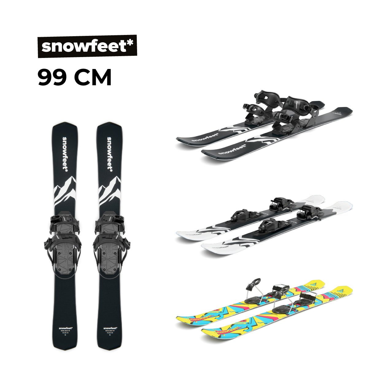 Snowfeet 99 cm ski bindings shown with different skis on a white background, including black and white skis and colorful yellow, blue, and pink skis.