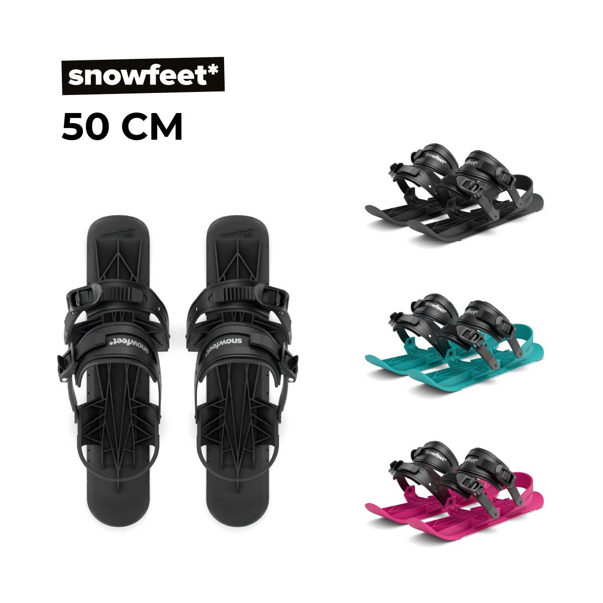 Snowboard bindings shown on a white background, with the brand name snowfeet and size text 50 CM at top left. Large front view of black bindings is shown on the left, and smaller side views of the same bindings in black, teal, and pink appear on the right.