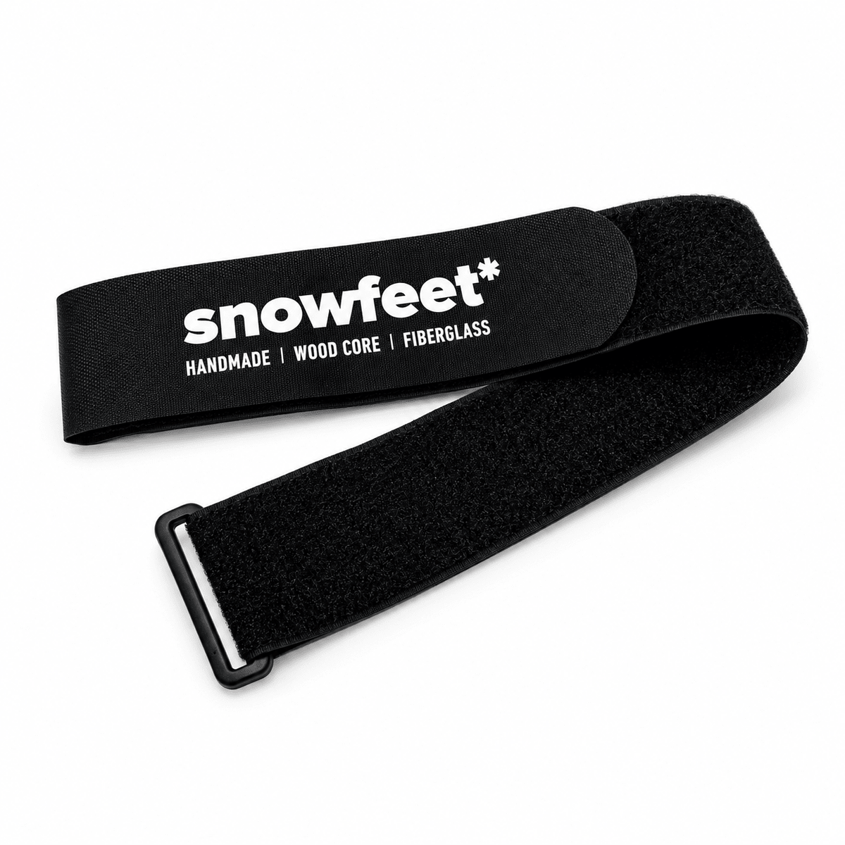 A black snowboard binding strap with white printed text reading 'snowfeet*' and 'HANDMADE | WOOD CORE | FIBERGLASS', shown on a clean white background.